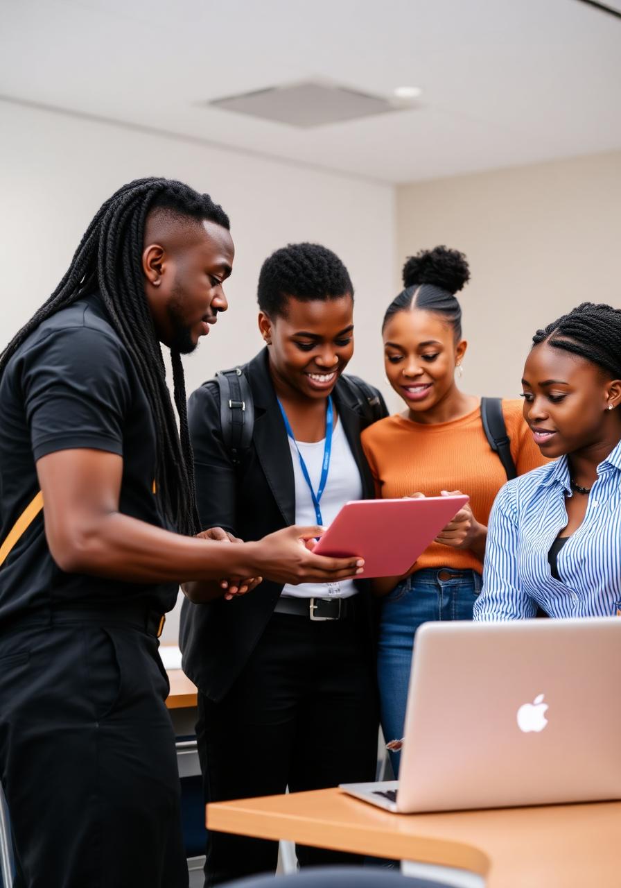 African students collaborating in a modern classroom